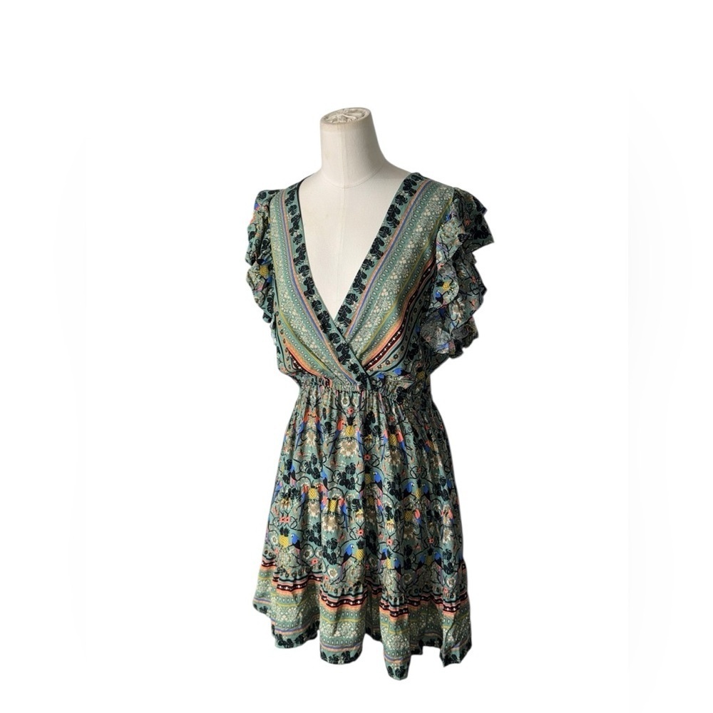 ICÔNE par‎ Simons Boho Floral Mini Dress – Ruffle Sleeve V-Neck Wrap Style - Picture 3 of 5